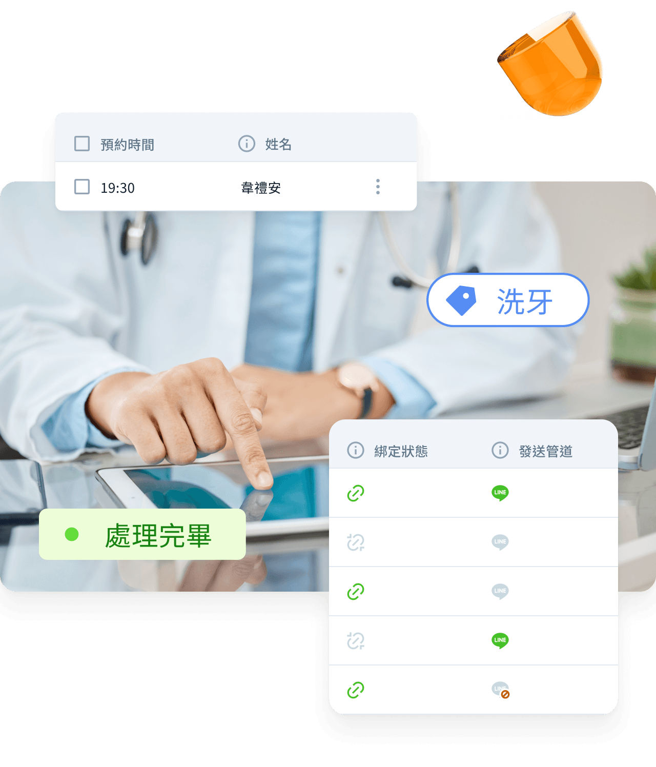整合 LINE 官方帳號及多家 HIS 病歷系統，支援牙醫、中醫、西醫以及醫美等全科別診所，自動同步約診表、病患資料以及掛號紀錄。